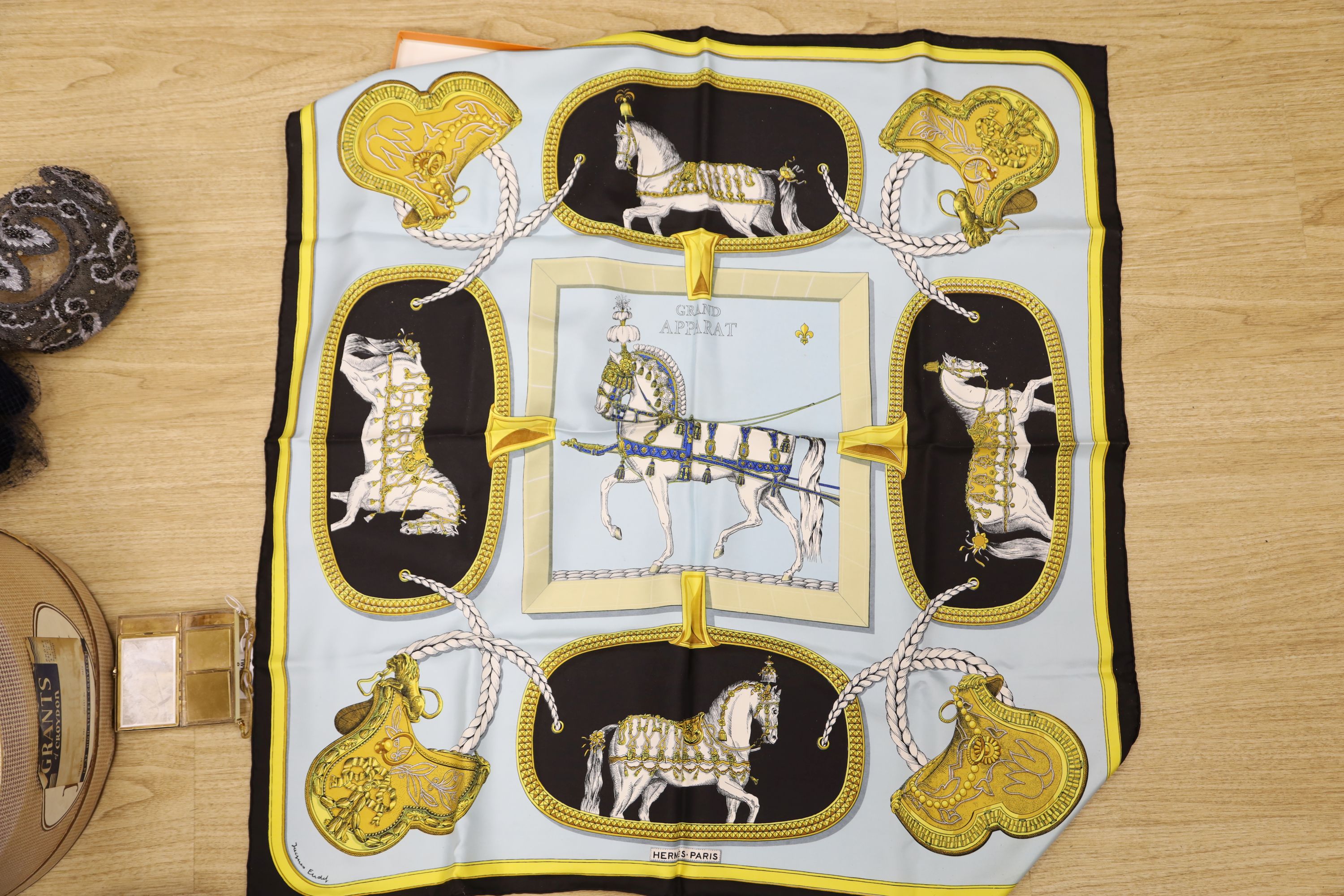 A Hermes silk scarf, Grand Apparat (boxed) and sundry items,